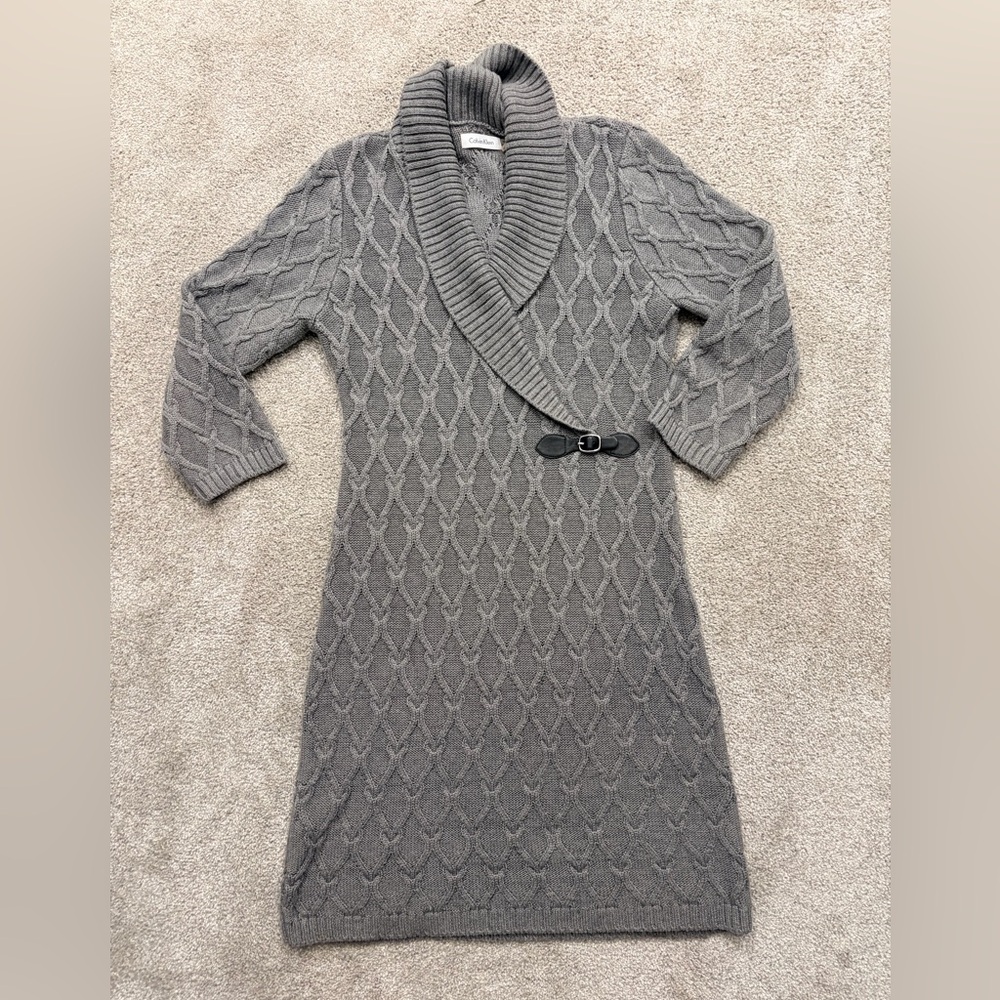 Calvin Klein Light Gray Ribbed Cable-Knit Turtleneck Sweater